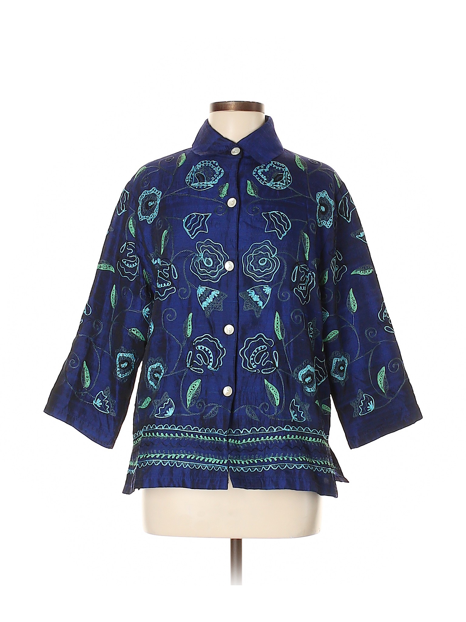 Appleseeds Print Dark Blue 3/4 Sleeve Silk Top Size M 77 off thredUP