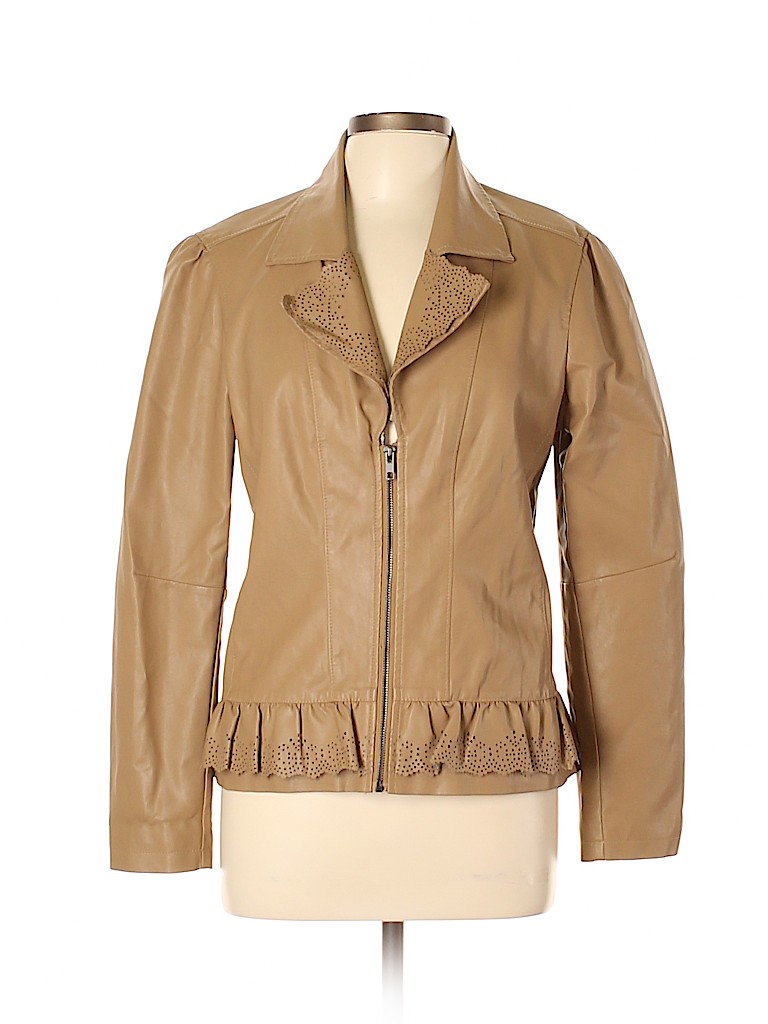 Baccini 100% Polyurethane Solid Tan Faux Leather Jacket Size L - 81% ...