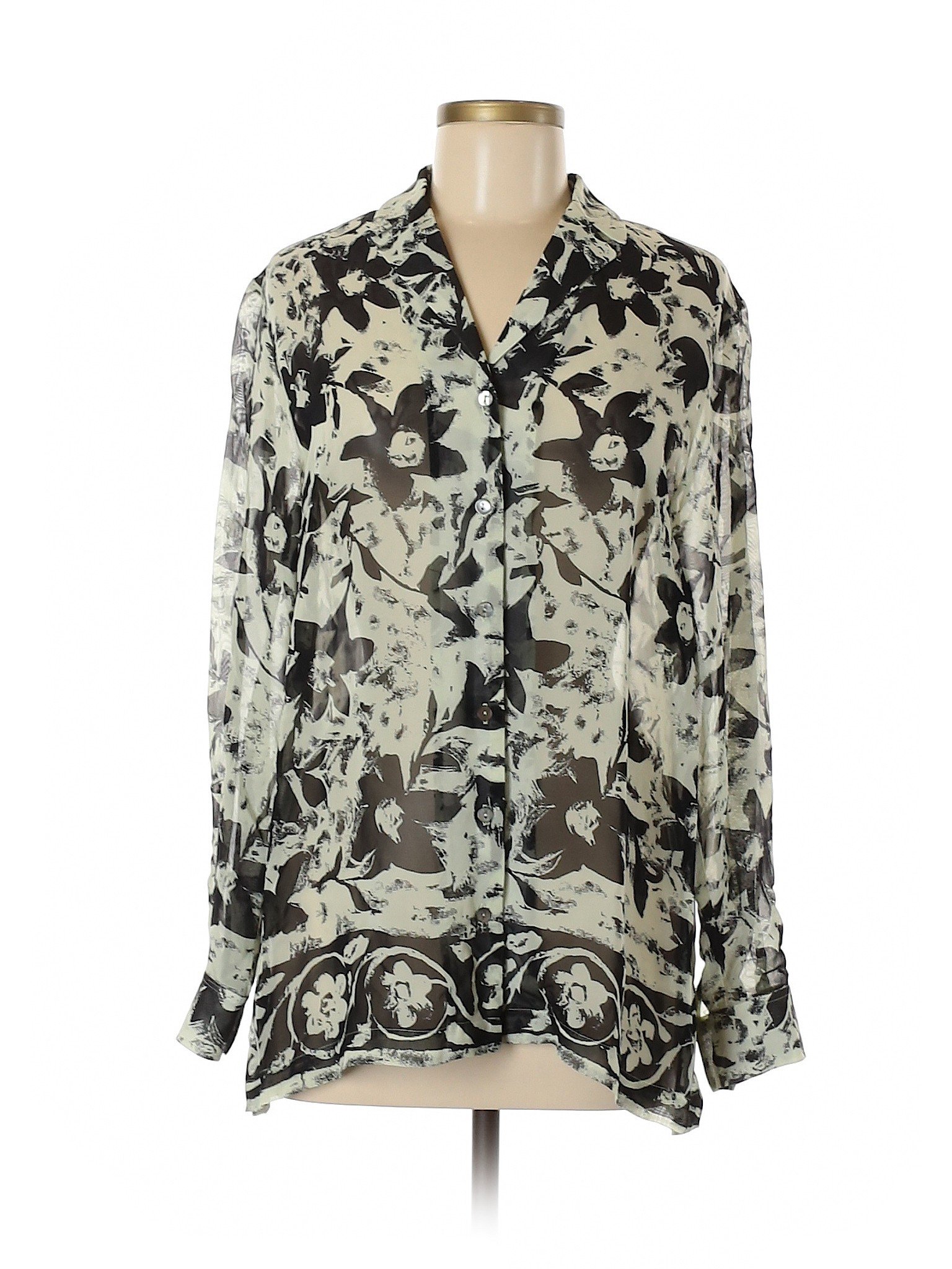 Sigrid Olsen 100% Rayon Tropical Black Long Sleeve Blouse Size M - 92% ...