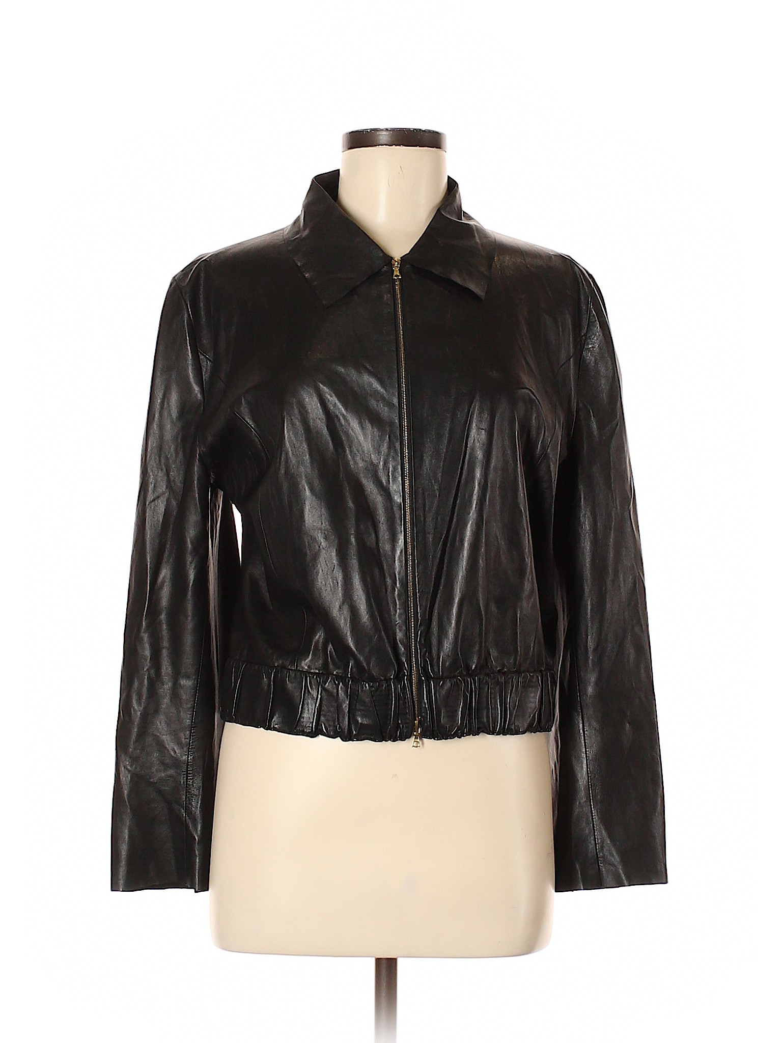Details About Armani Collezioni Women Black Leather Jacket 44 Italian