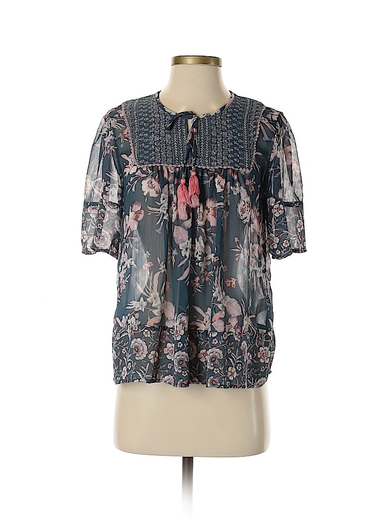 Knox Rose 100% Polyester Floral Blue Short Sleeve Blouse Size S - 66% ...