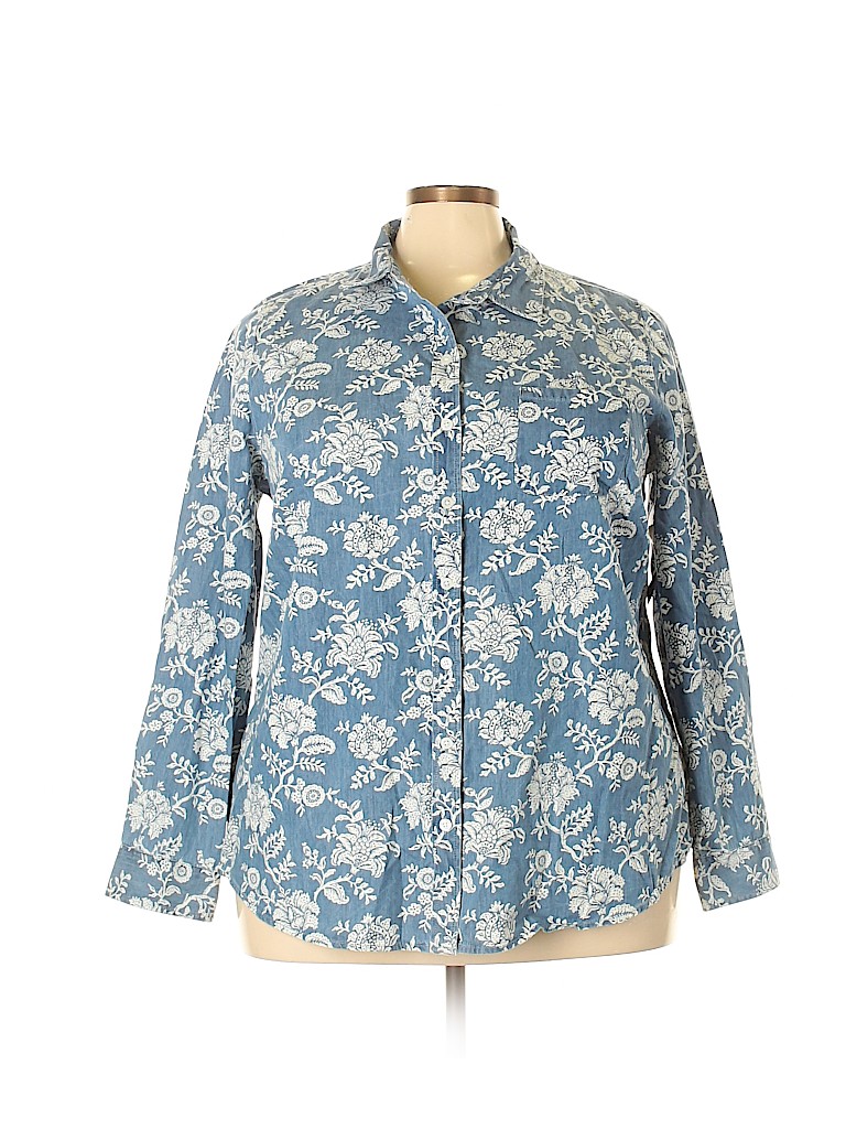 Kim Rogers 100% Cotton Floral Blue Long Sleeve Button-Down Shirt Size ...