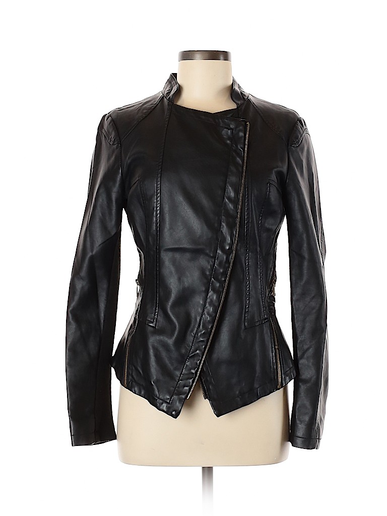 Steve Madden 100% Polyurethane Solid Black Faux Leather Jacket Size M ...