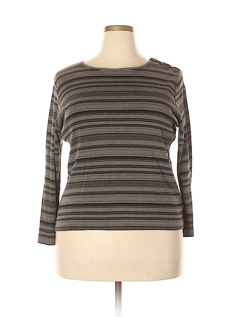 Lauren by Ralph Lauren 100% Cotton Stripes Gray Long Sleeve T-Shirt ...