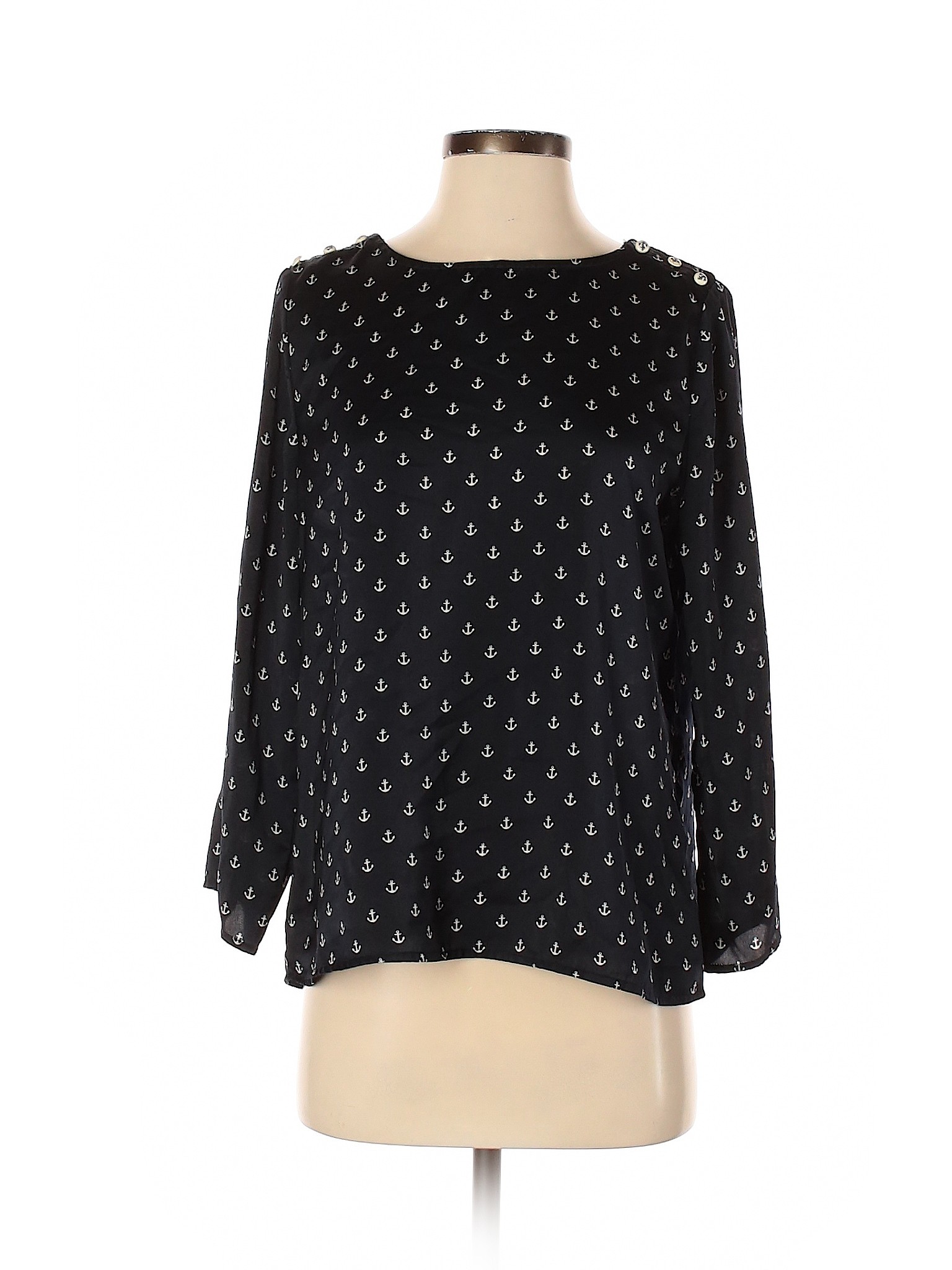 Cynthia Rowley TJX 100% Polyester Polka Dots Black Blue Long Sleeve ...