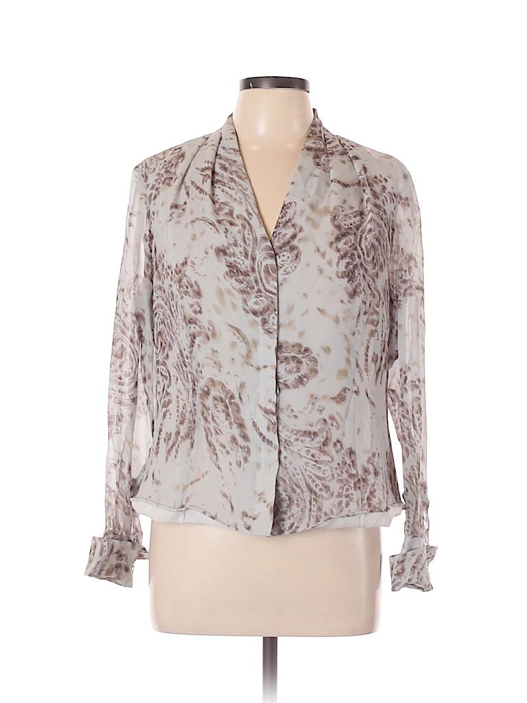 Lafayette 148 New York 100% Silk Print Gray Long Sleeve Silk Top Size ...