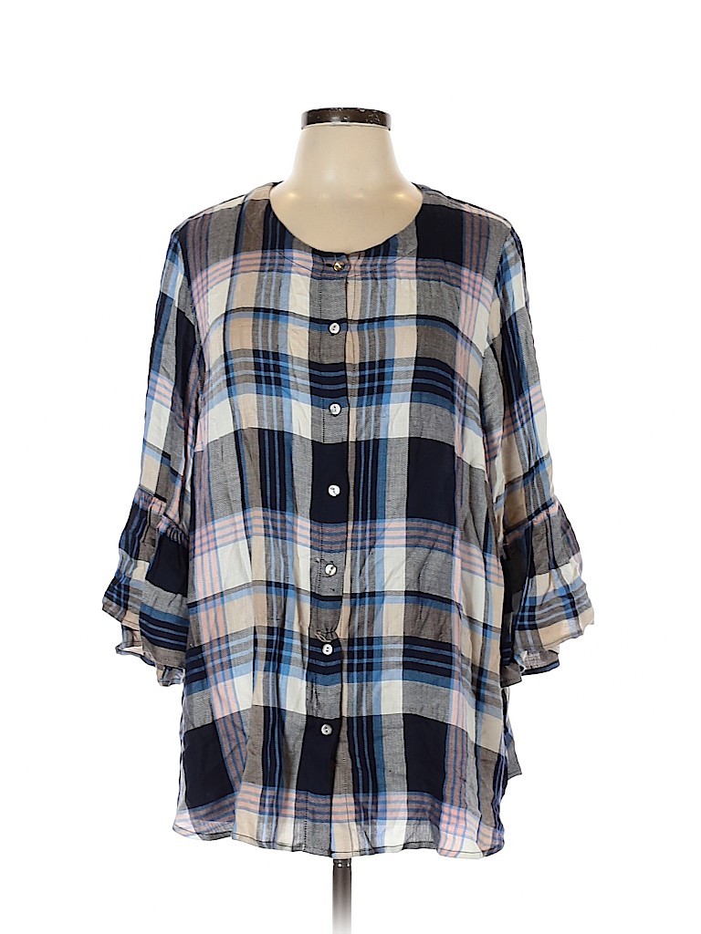 Jane and Delancey 100% Rayon Plaid Blue Long Sleeve Button-Down Shirt ...