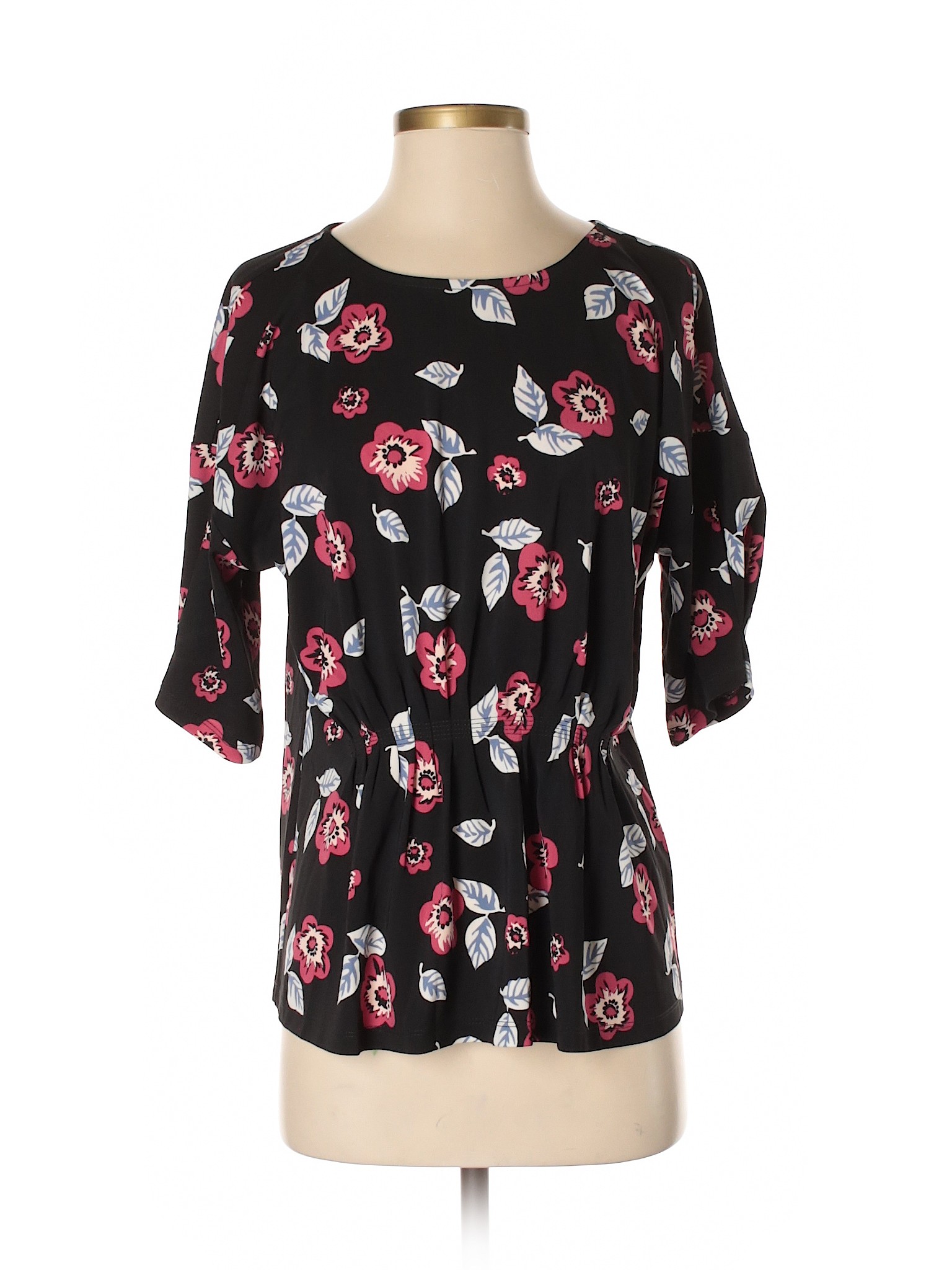 Ann Taylor Factory 100% Polyester Floral Black Short Sleeve Blouse Size ...