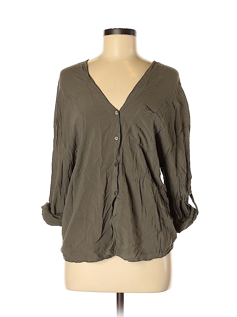 Brandy Melville Solid Green Long Sleeve Button-Down Shirt One Size - 77 ...