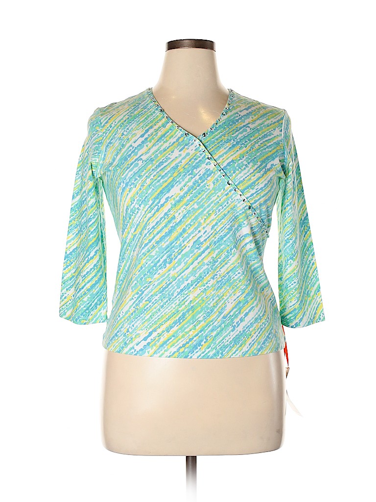 Hearts of Palm Woman Stripes Color Block Teal Blue 3/4 Sleeve Top Size
