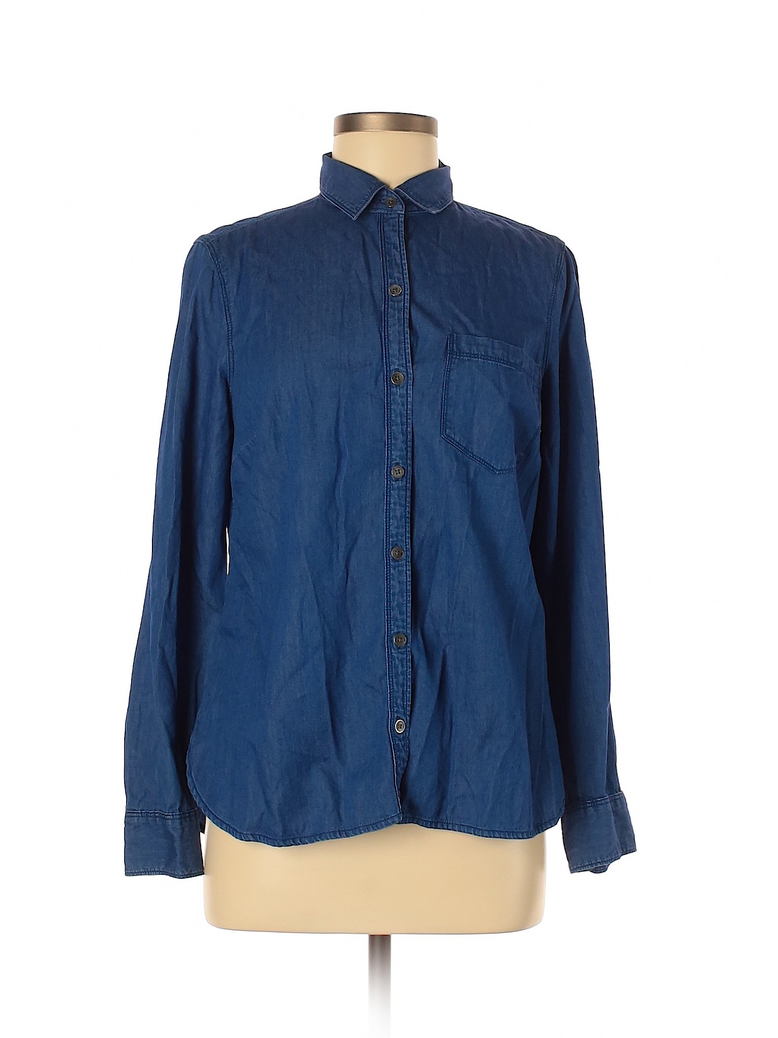 womens navy blue button up shirt