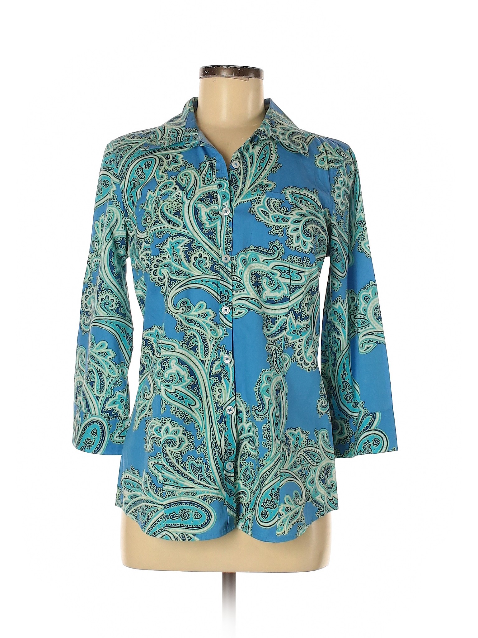 Van Heusen Women Blue 3/4 Sleeve Button-Down Shirt M | eBay