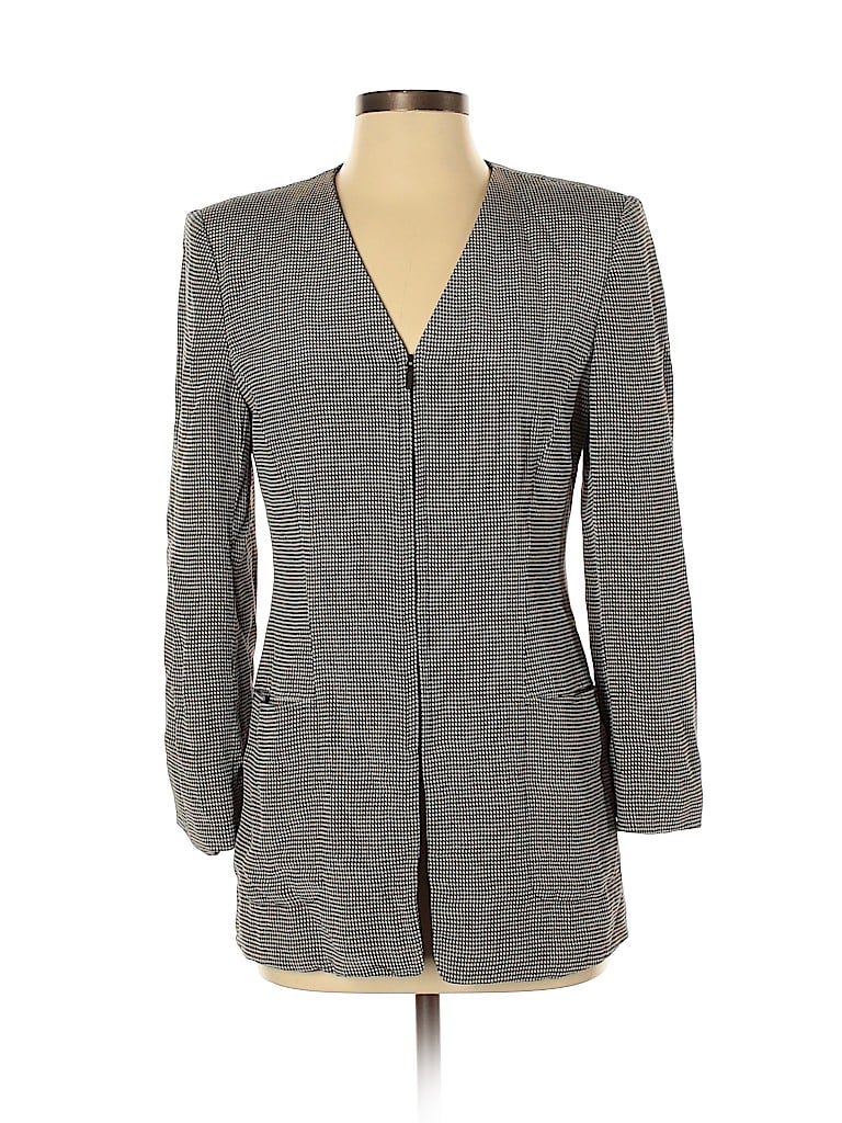 Anne Klein II 100% Silk Checkered-gingham Gray Black Silk Blazer Size 4 ...