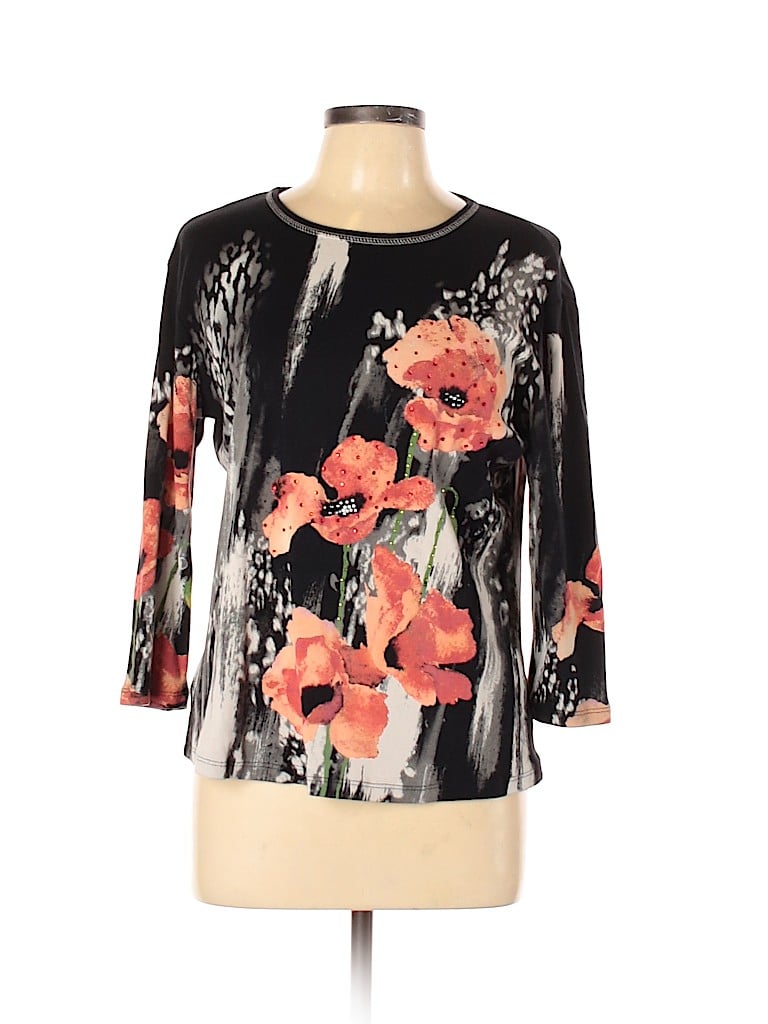 Jess & Jane 100% Cotton Floral Black 3/4 Sleeve Top Size L - 54% off ...