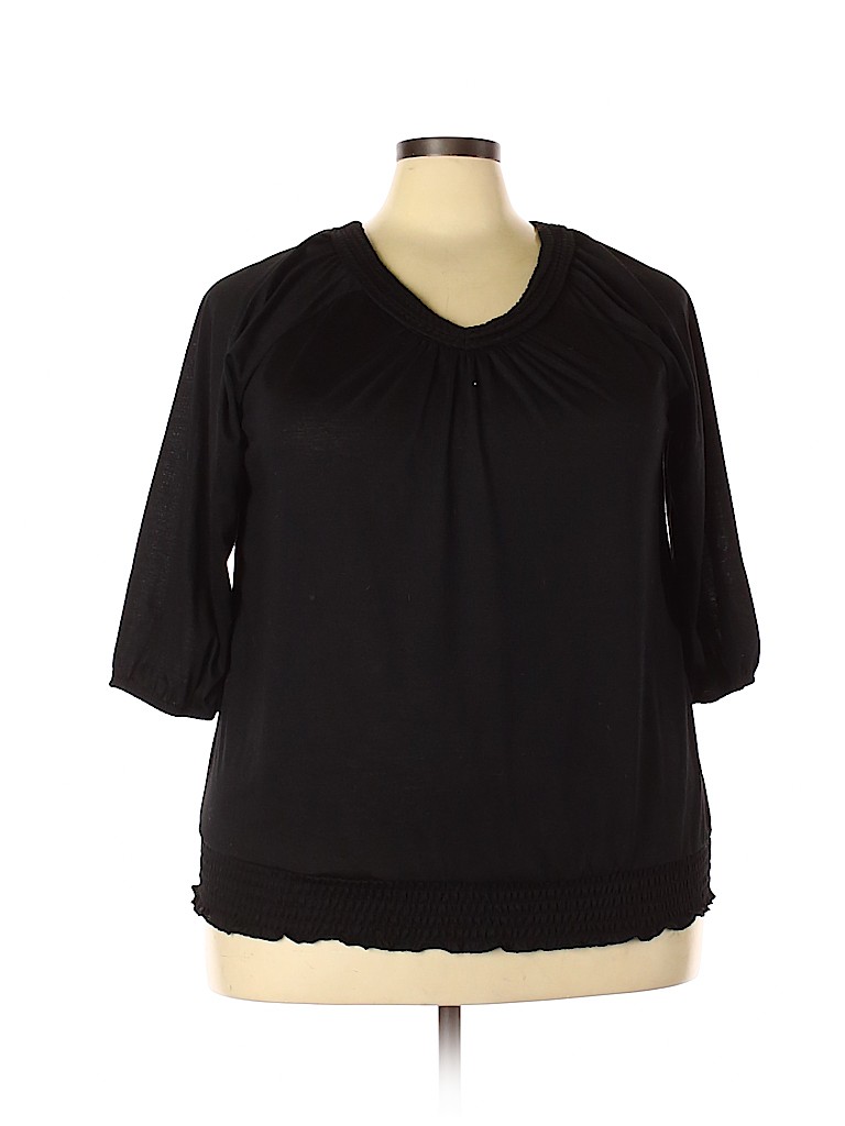Faded Glory 100% Polyester Black 3/4 Sleeve Blouse Size 2X (Plus) - 79% ...