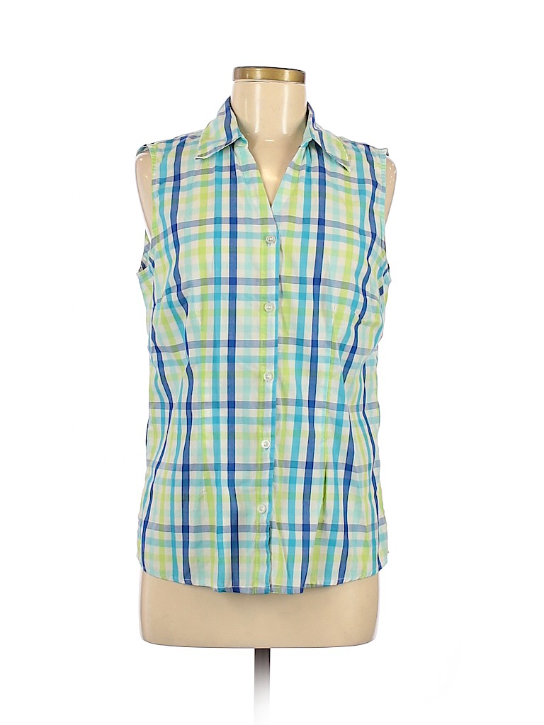 Basic Editions Plaid Yellow Blue Sleeveless Button-Down Shirt Size M ...