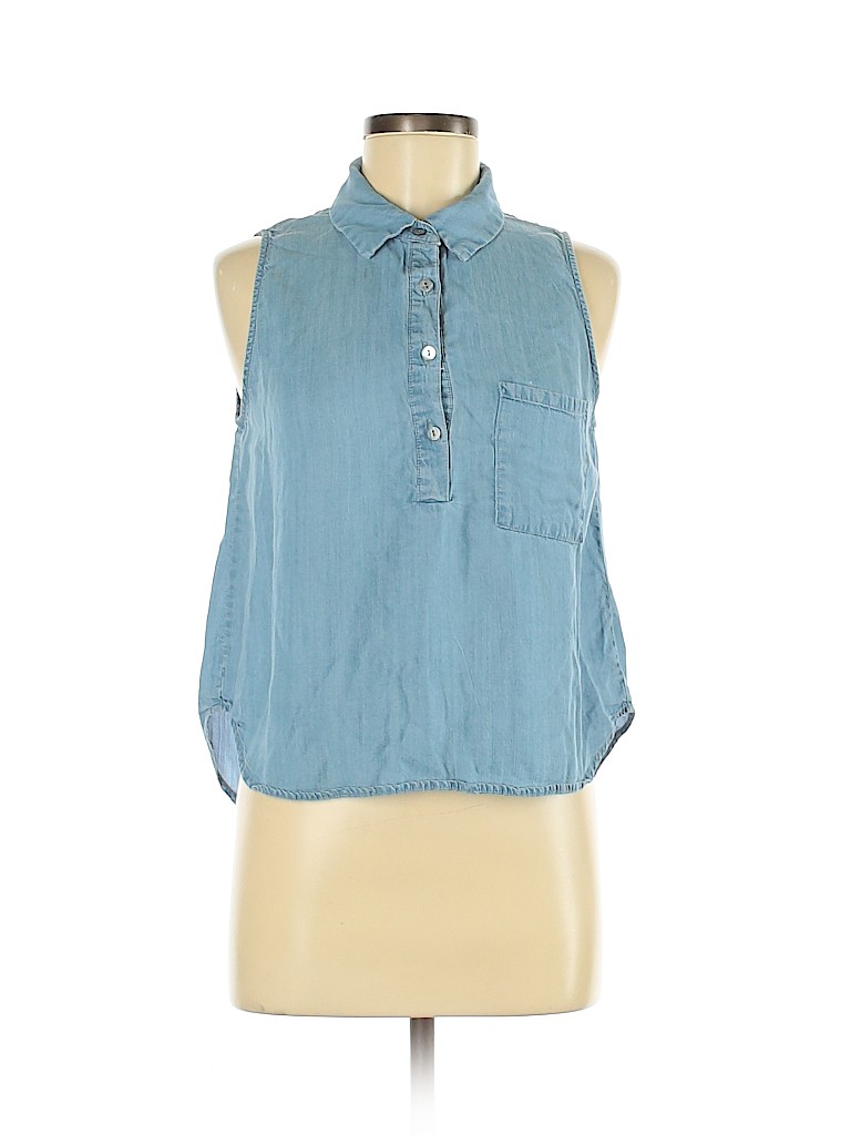 Paper Crane 100% Cotton Solid Blue Sleeveless Button-Down Shirt Size M ...
