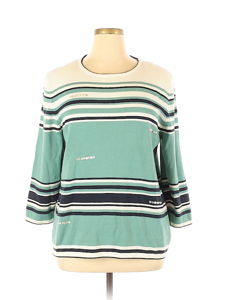 Alfred Dunner Stripes Teal Green Pullover Sweater Size 1X (Plus) - 63% ...