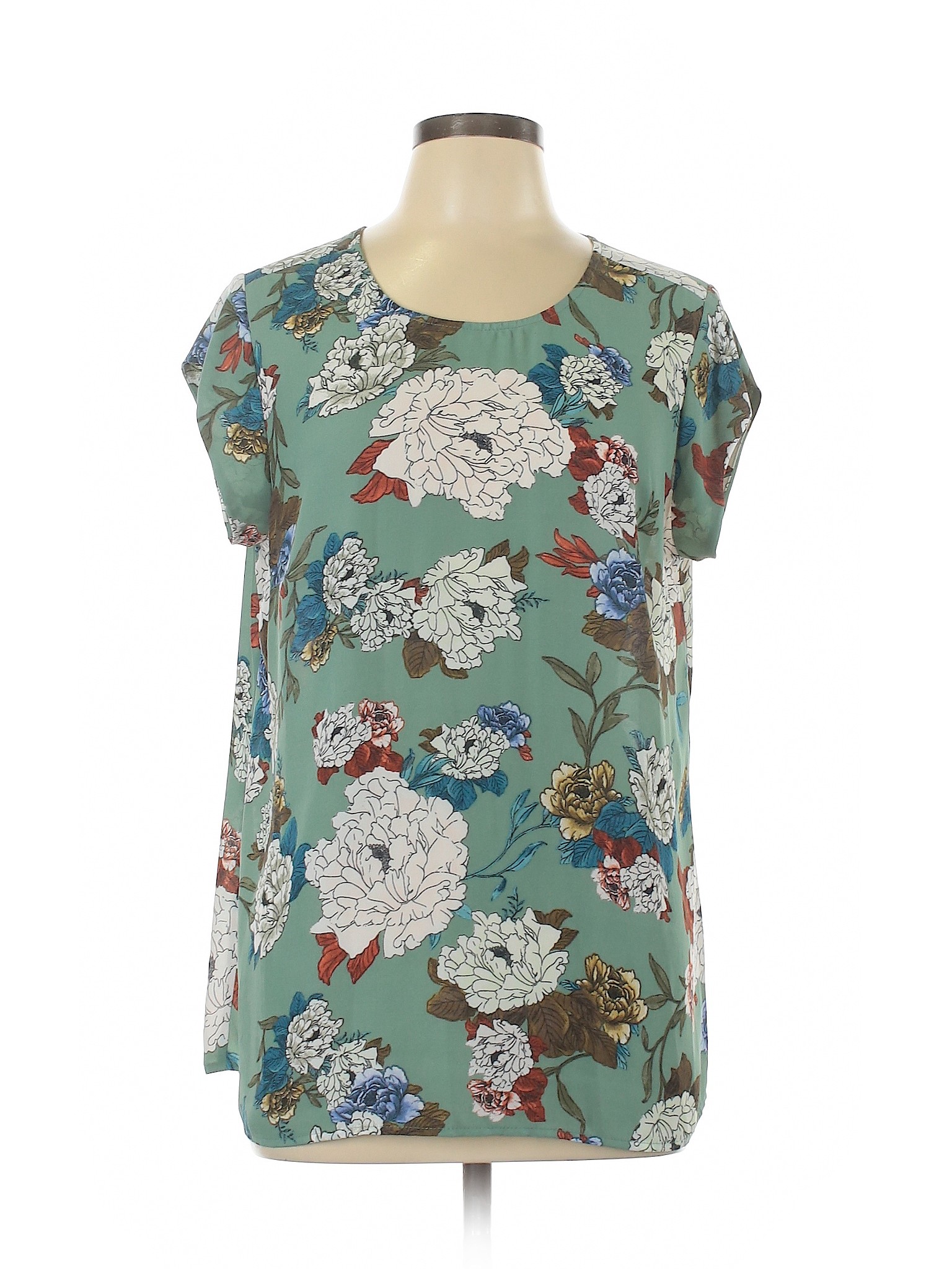 DR2 100% Polyester Color Block Floral Teal Green Short Sleeve Blouse ...