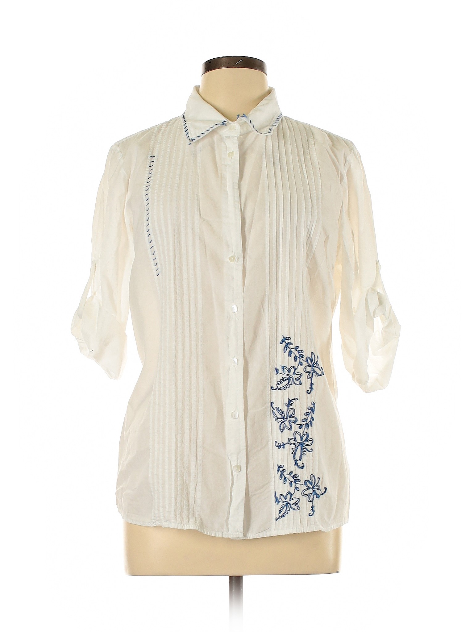 Gloria Vanderbilt Women White 3/4 Sleeve Button-Down Shirt L | eBay