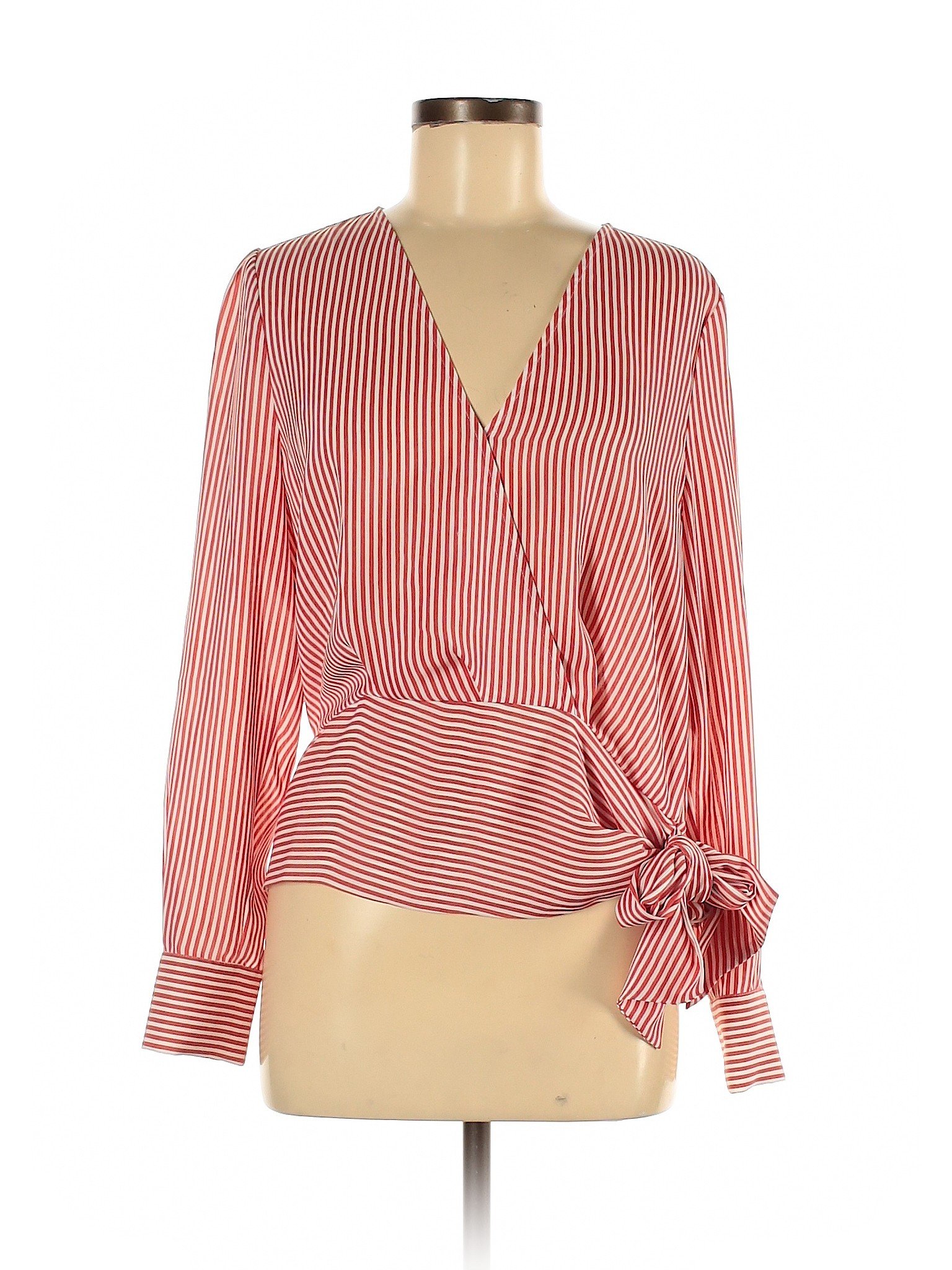 Chelsea28 100% Polyester Stripes White Red Long Sleeve Blouse Size M ...