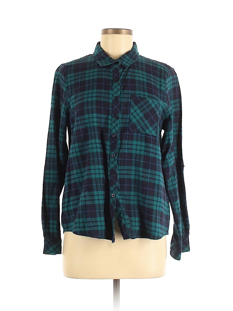 Q&A 100% Cotton Plaid Argyle Teal Blue Long Sleeve Button-Down Shirt Size M - photo 1