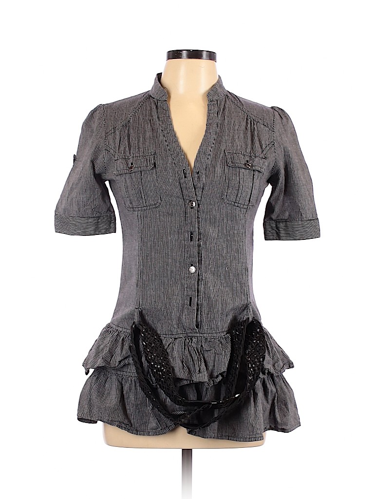 Poetry Clothing 100 Cotton Stripes Gray Short Sleeve ButtonDown Shirt Size L 82 off thredUP