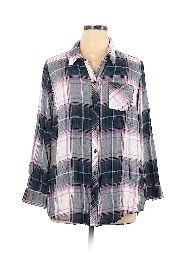 Terra & Sky 100% Rayon Plaid Purple Long Sleeve Button-Down Shirt Size ...