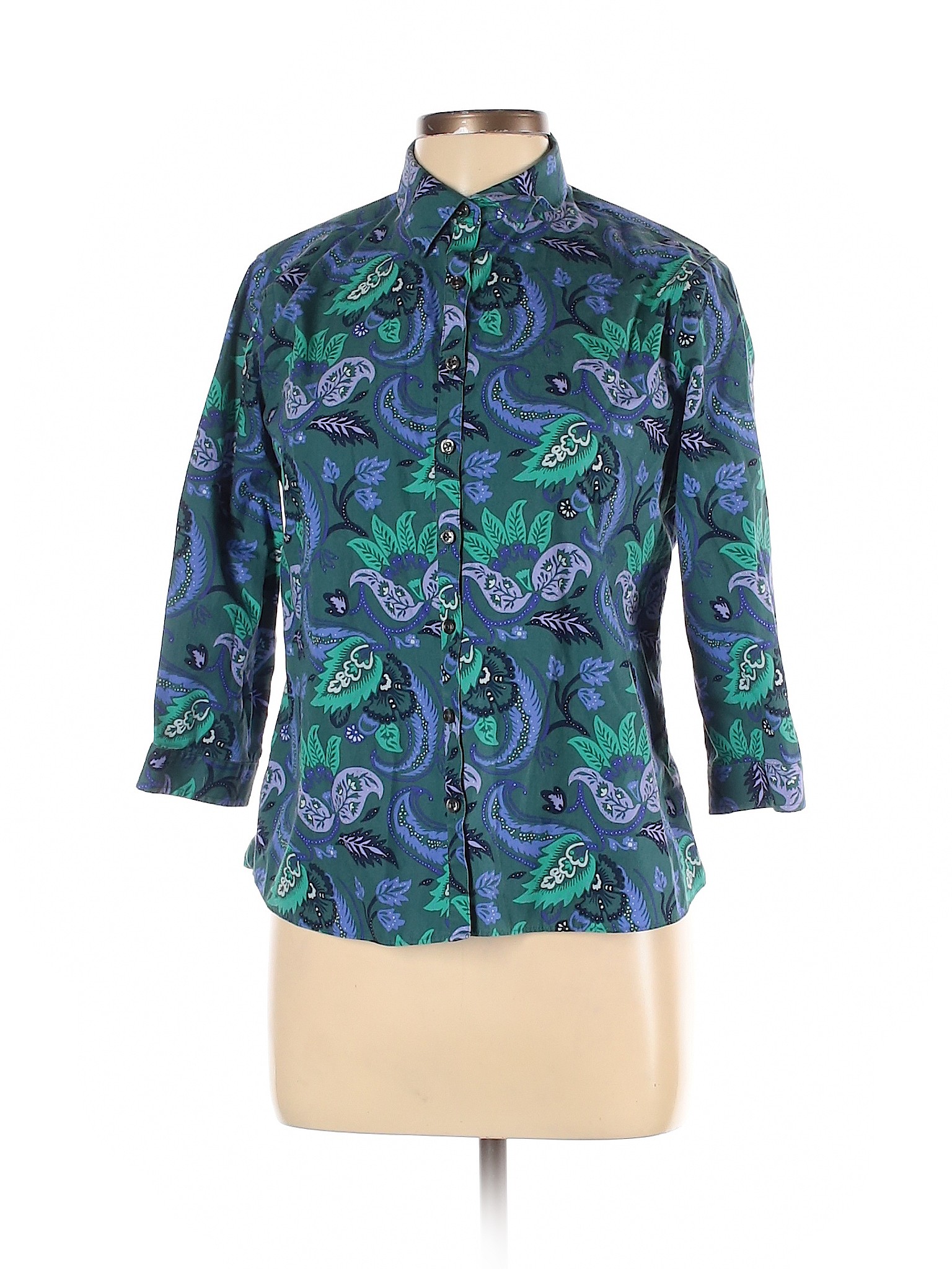 Lands' End Women Blue 3/4 Sleeve Button-Down Shirt 10 Petites | eBay