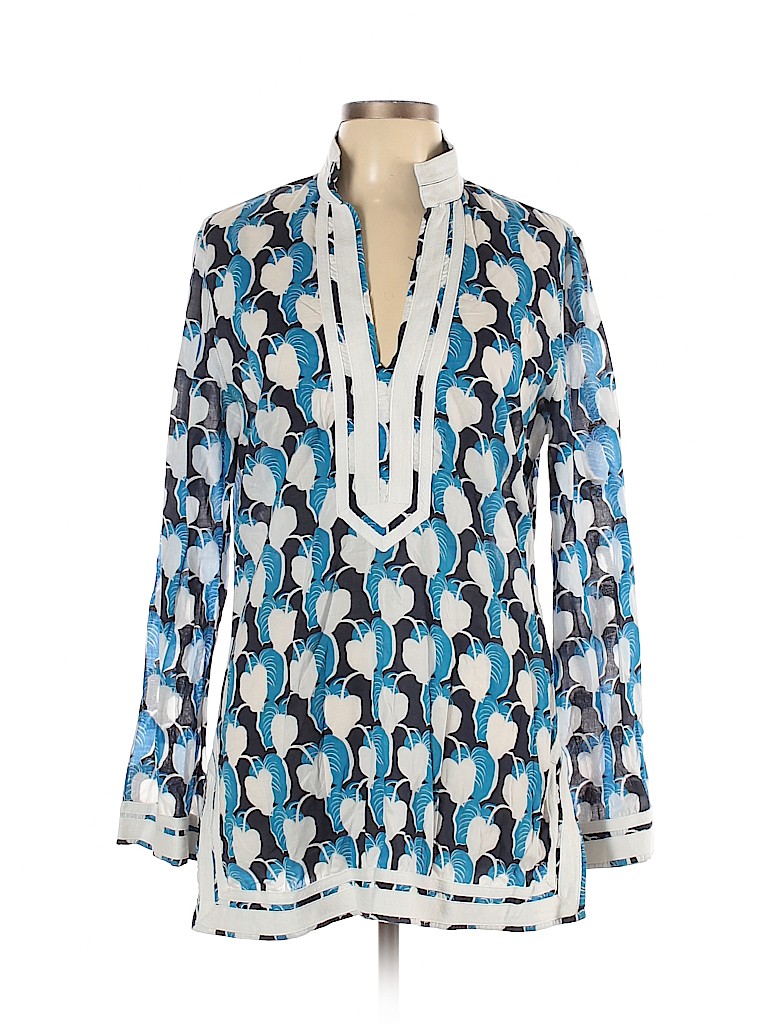 Tory Burch 100% Cotton White Blue Long Sleeve Blouse Size 12 - 80% off