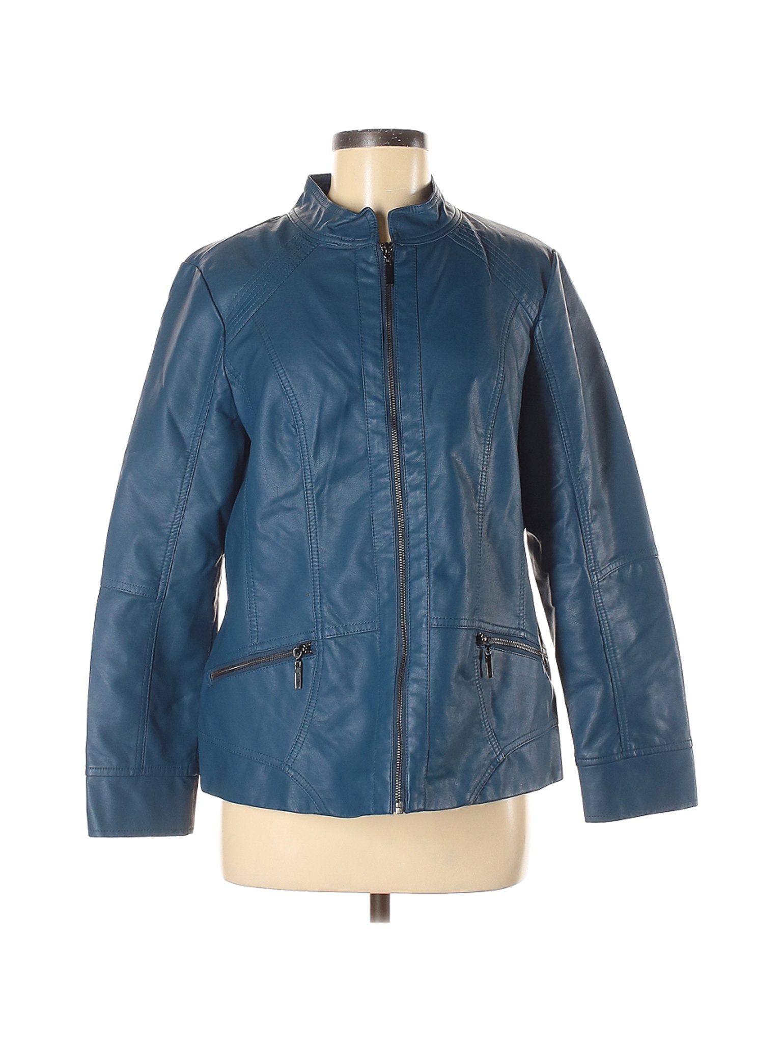 Christopher & Banks 100% Polyurethane Blue Faux Leather Jacket Size M ...