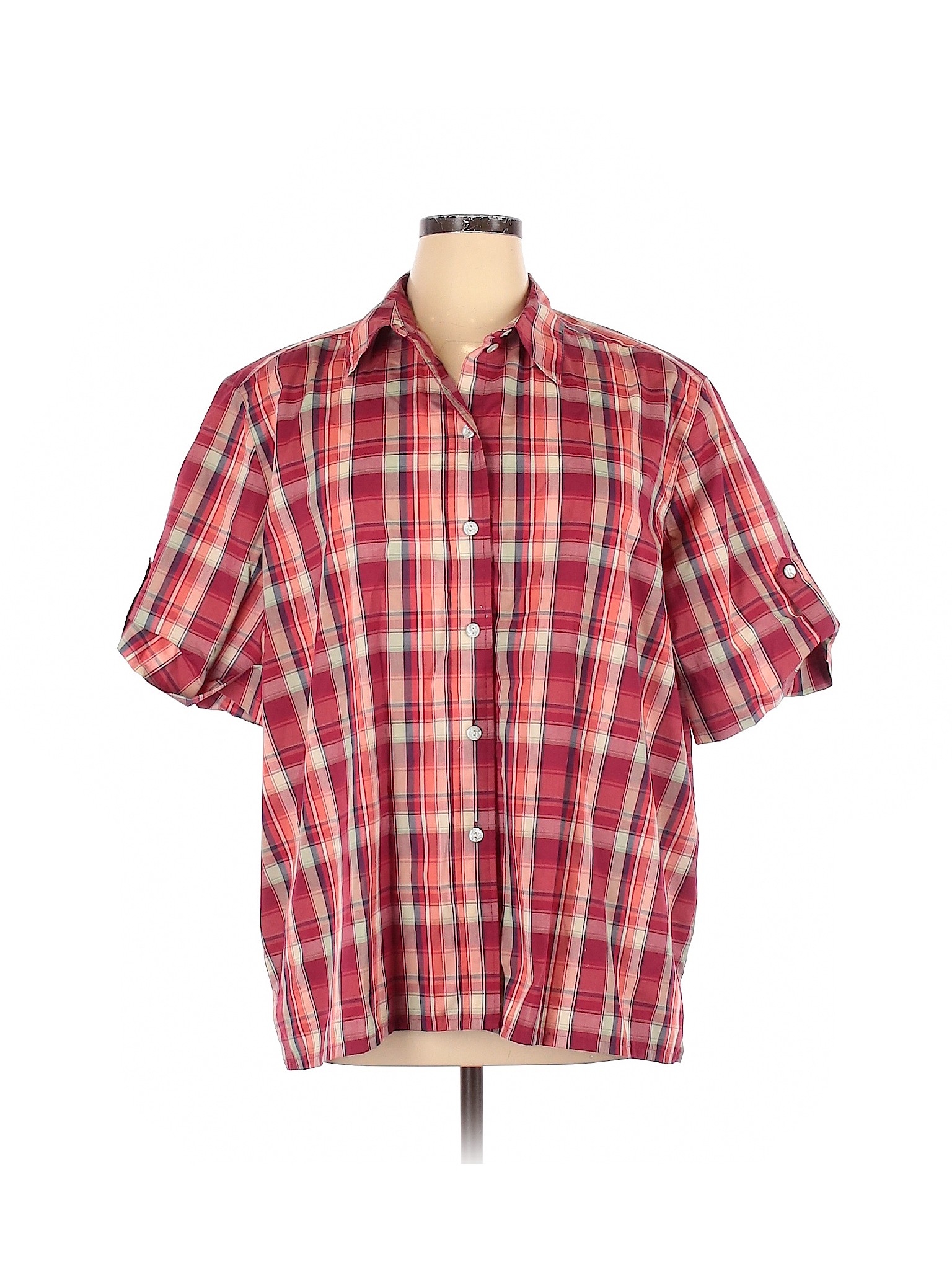 short sleeve red button down shirt women