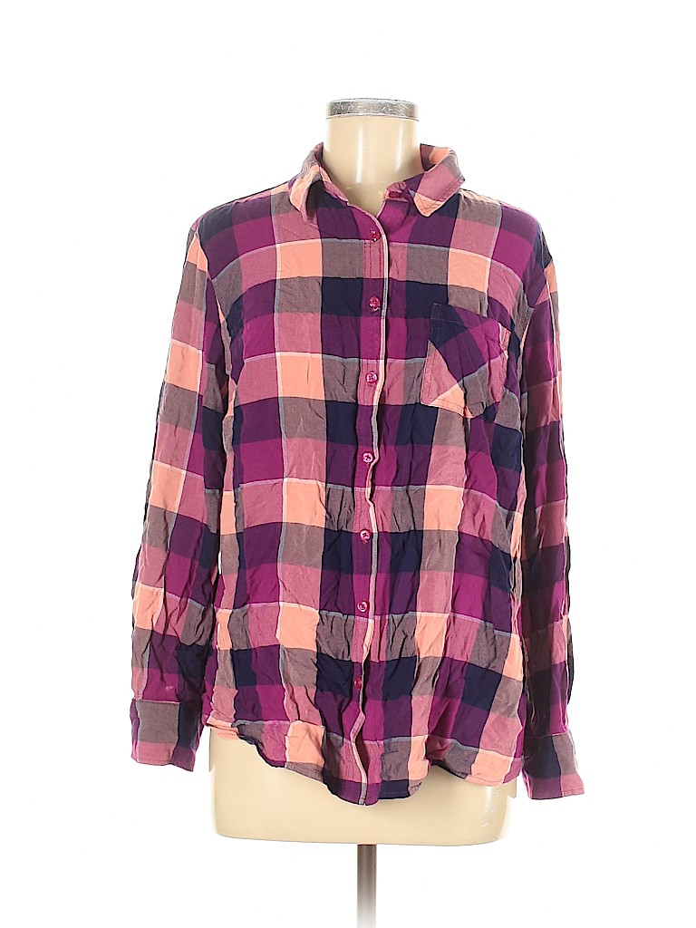 Ava & Viv 100% Rayon Checkered-gingham Purple Long Sleeve Button-Down ...