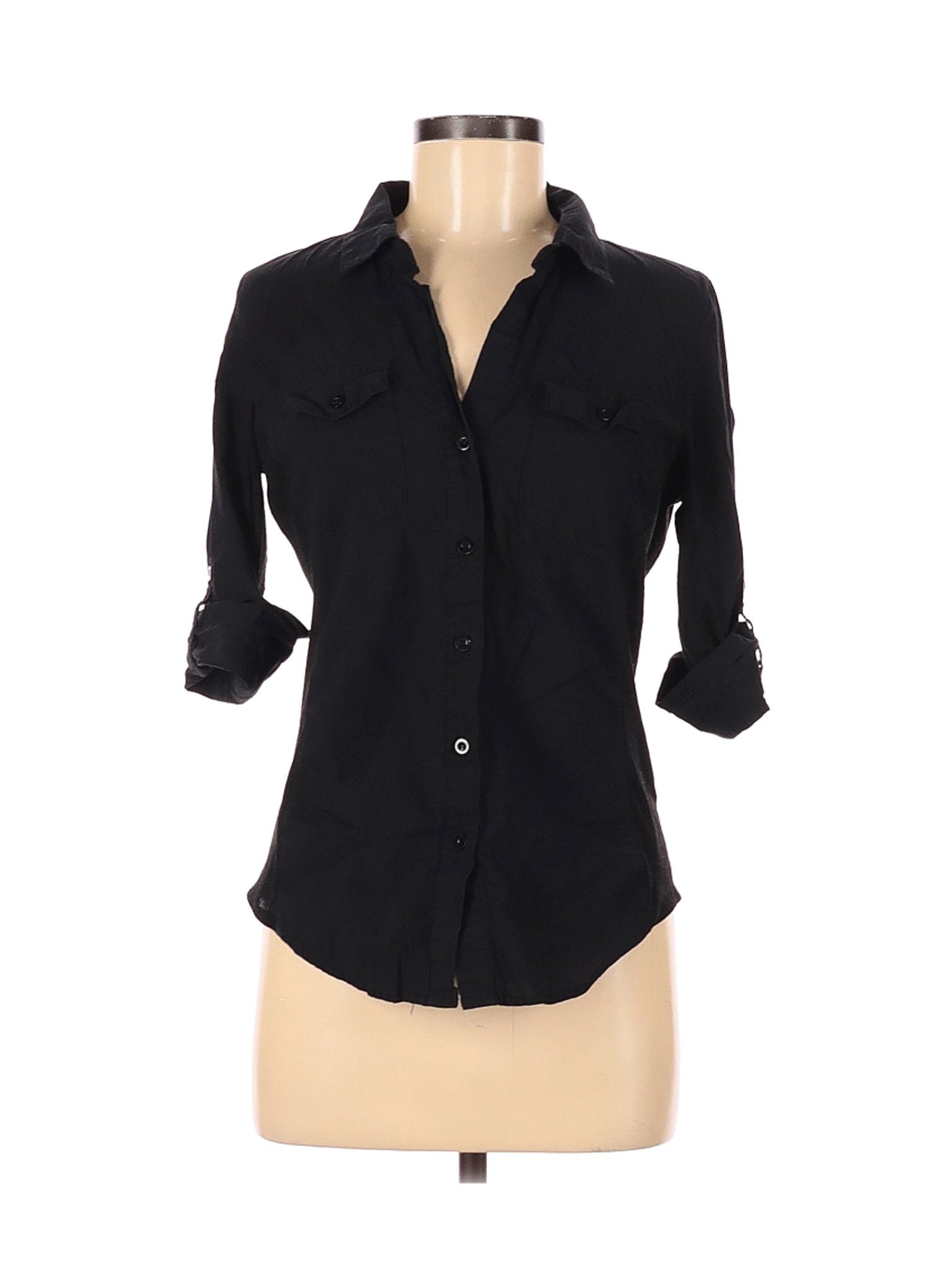 Ci Sono Women Black 3/4 Sleeve Button-Down Shirt M