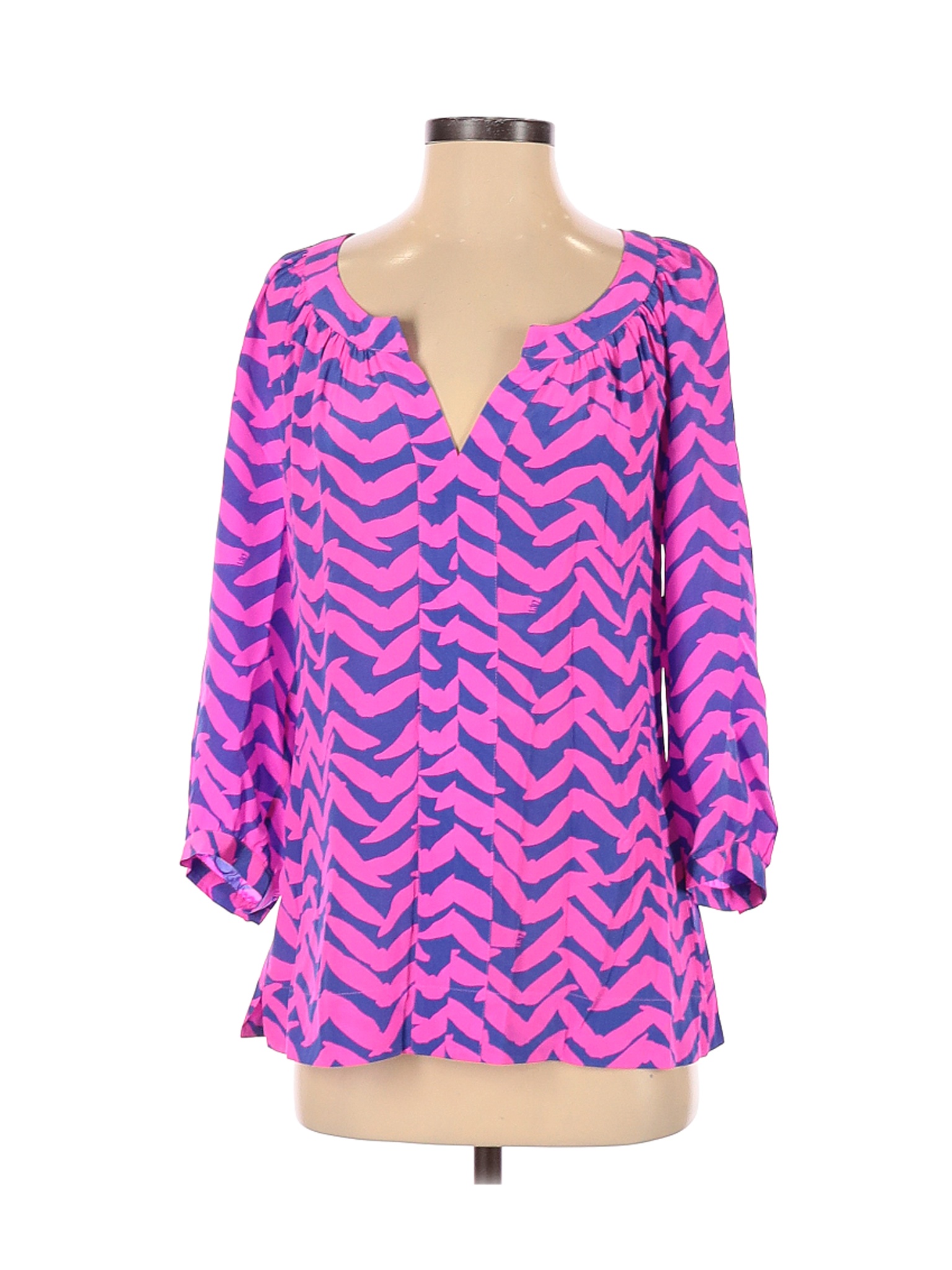 Lilly Pulitzer 100 Silk Chevron Herringbone Pink Long Sleeve Silk Top