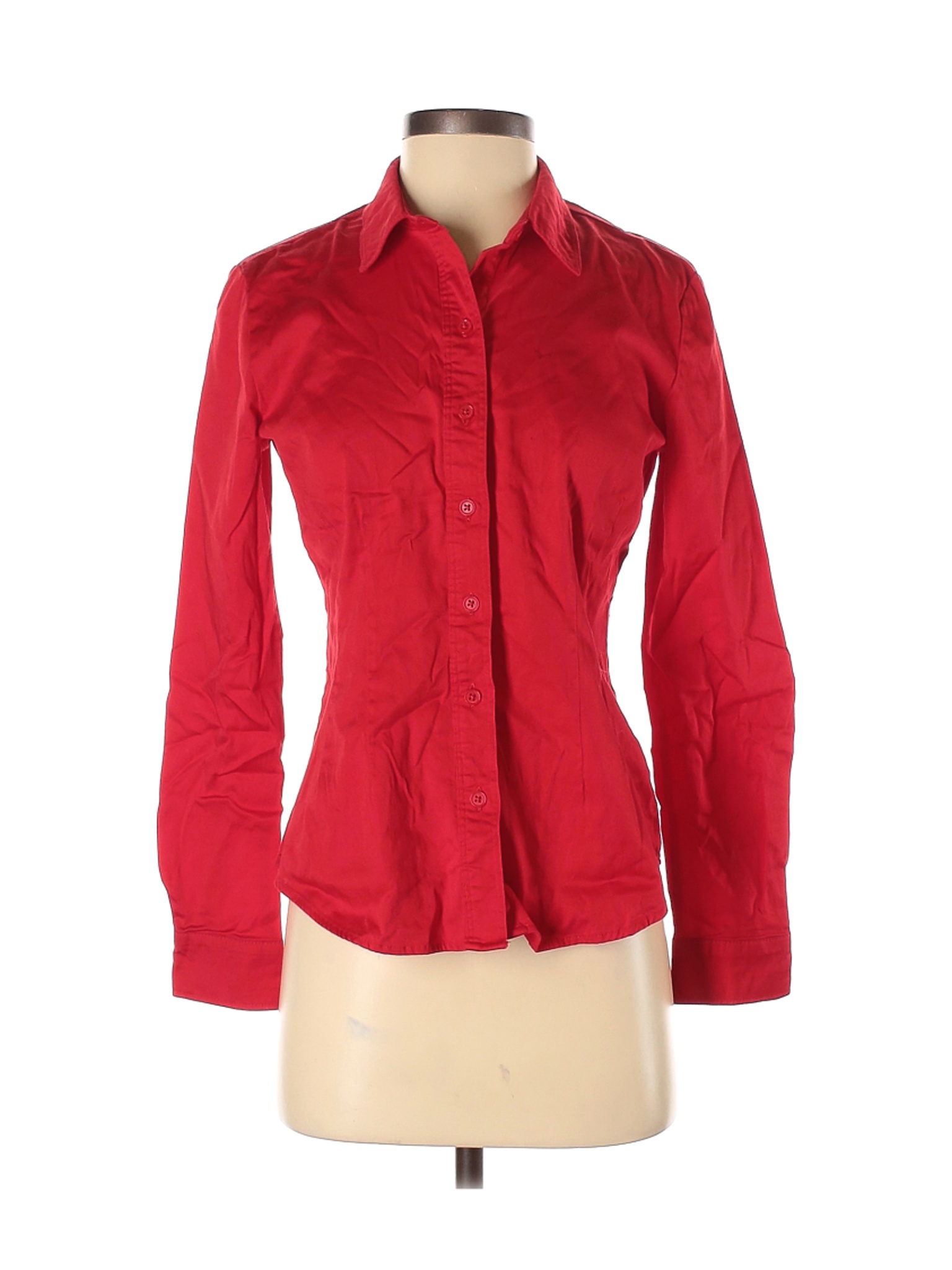 woman red button down shirt