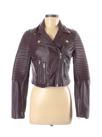 Samantha Sipos 100% Leather Solid Burgundy Raisin Ribbed Biker