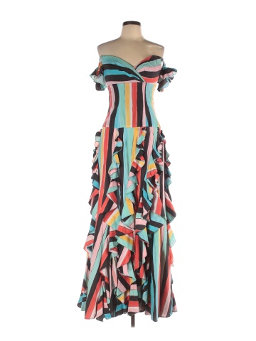 Caroline Constas Blue Rainbow Striped Ruffle Gown Size L 89 off