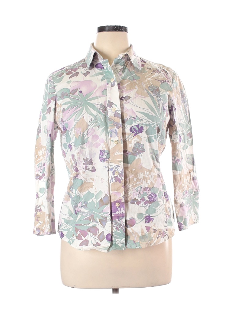 Linda Allard Ellen Tracy Floral Tan Long Sleeve Button-Down Shirt Size ...