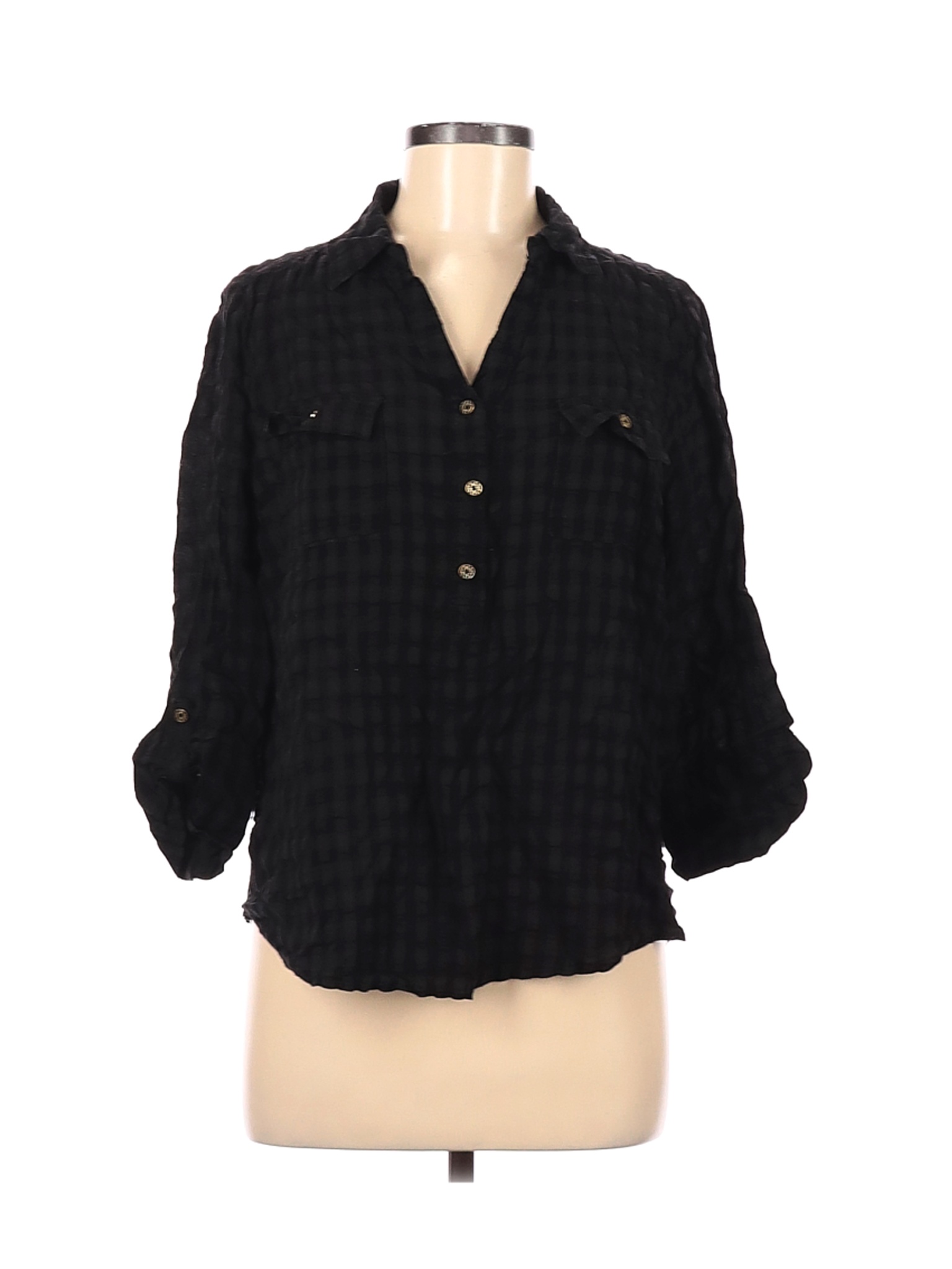Cathy Daniels Women Black 3/4 Sleeve Button-Down Shirt L | eBay