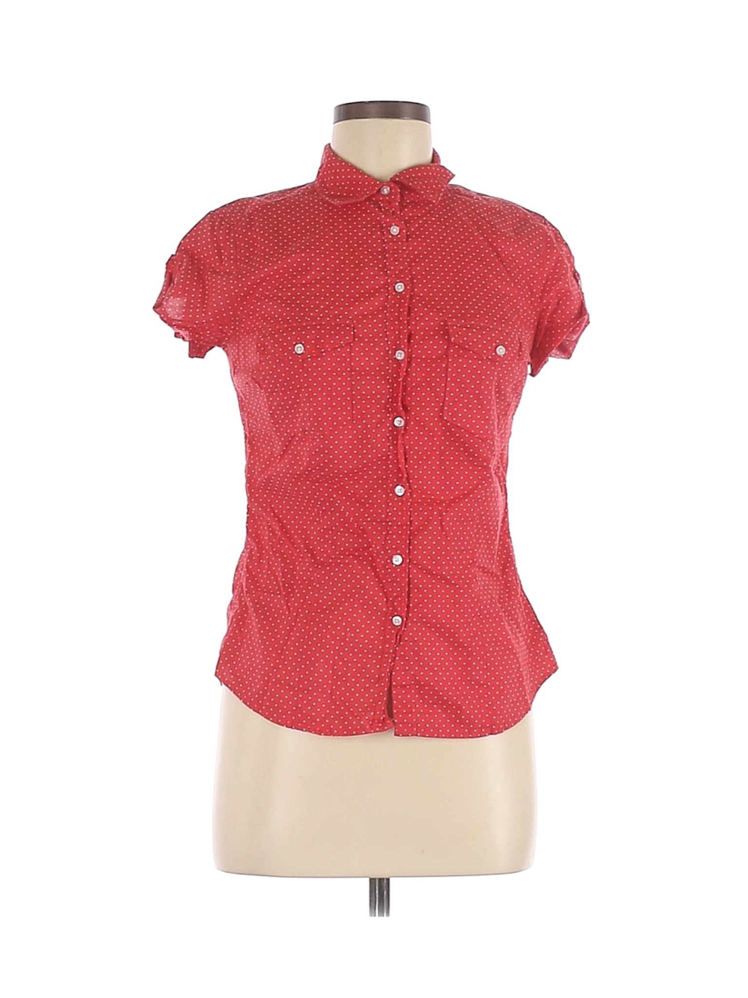 solid red button down shirt with blue buttons