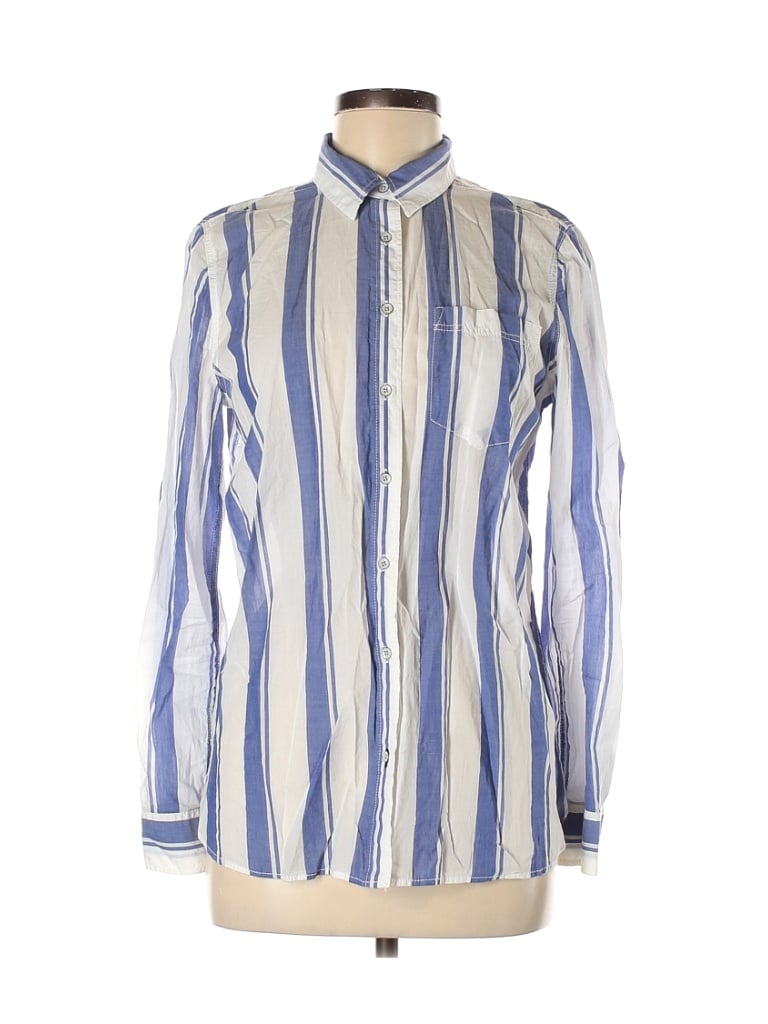 a.n.a. A New Approach 100% Cotton Stripes Blue Long Sleeve Button-Down ...