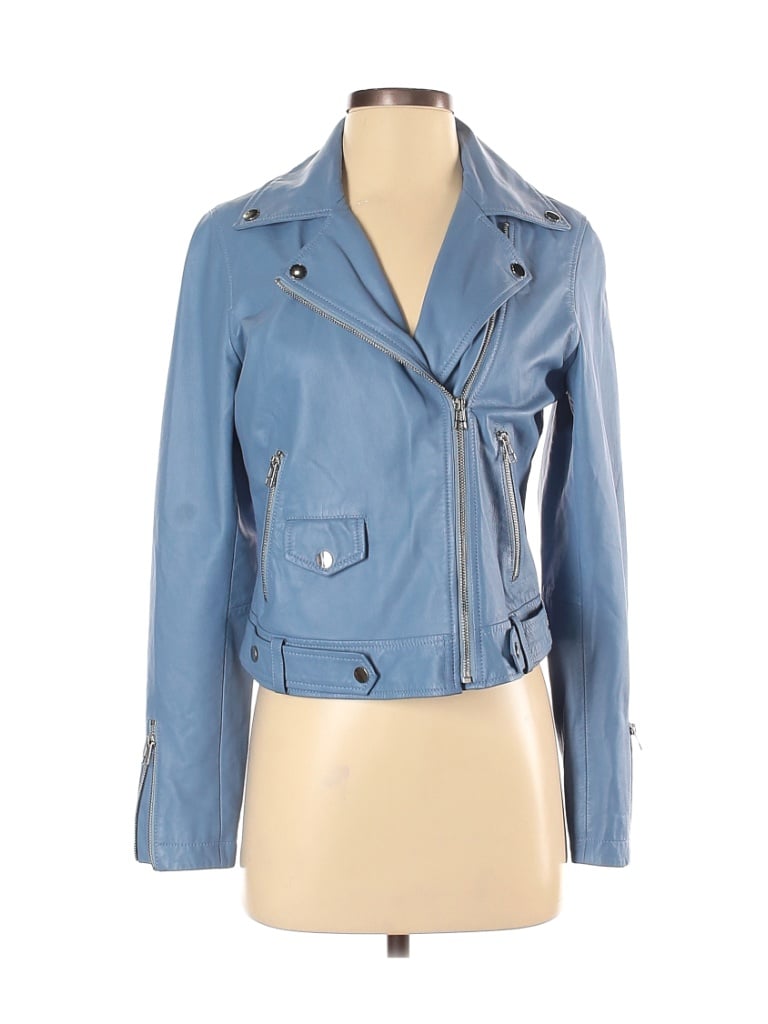 Slate & Willow 100% Leather Solid Blue Blue Classic Leather Moto Jacket ...