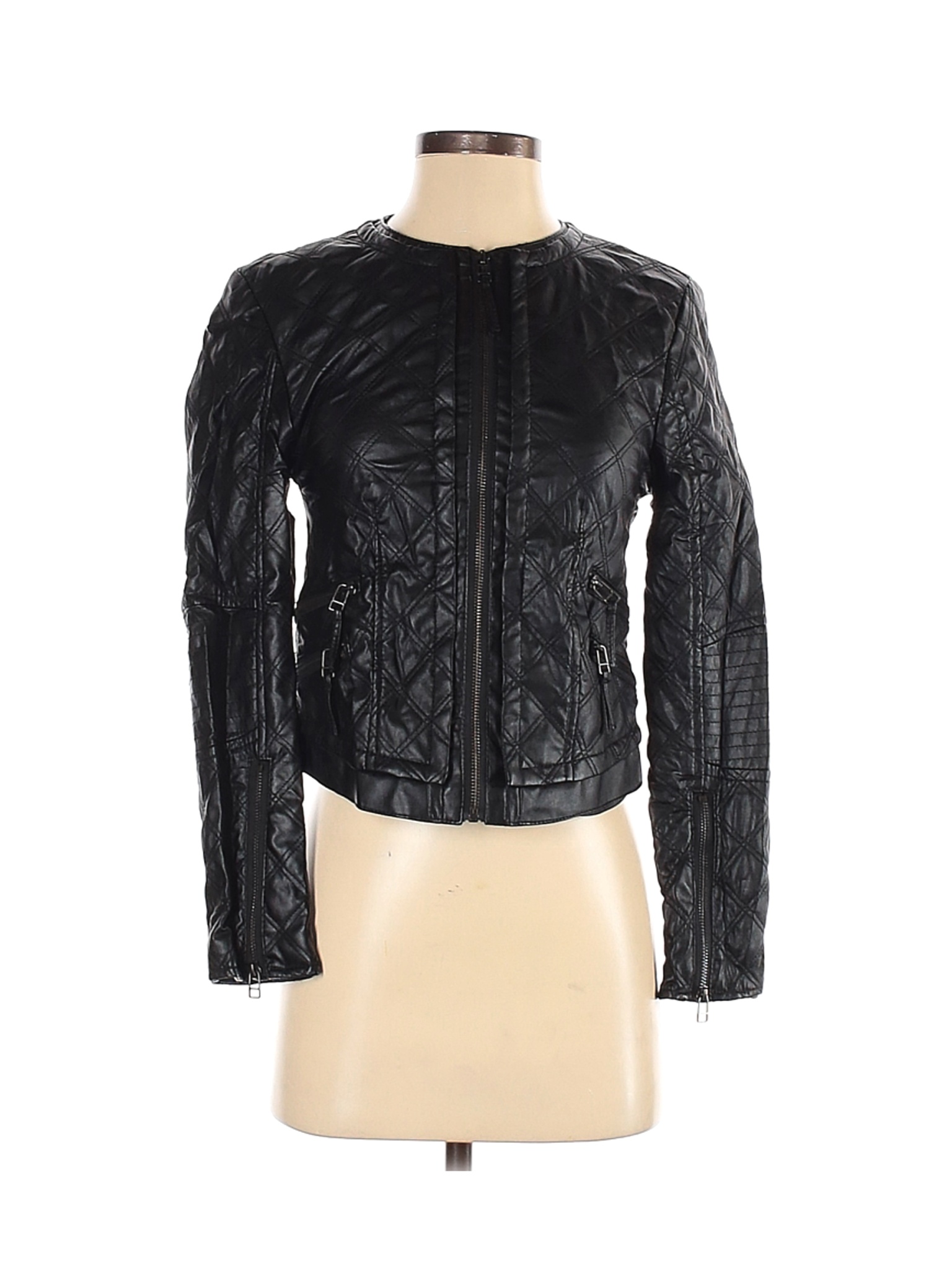 Esley 100 Polyvinyl Chloride Solid Black Faux Leather Jacket Size S