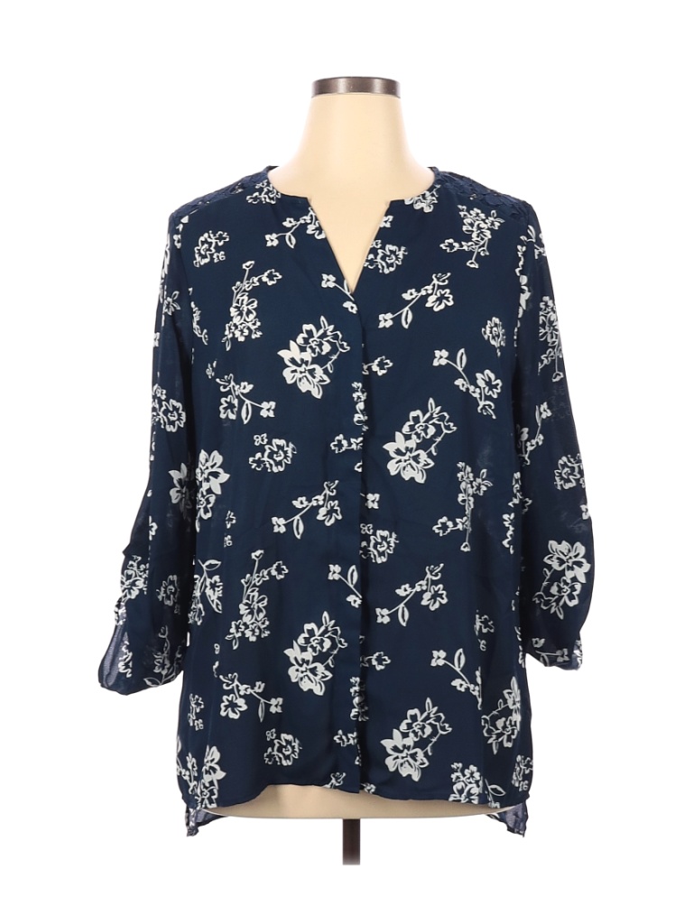 Terra & Sky 100% Polyester Floral Blue 3/4 Sleeve Blouse Size 0X (Plus ...