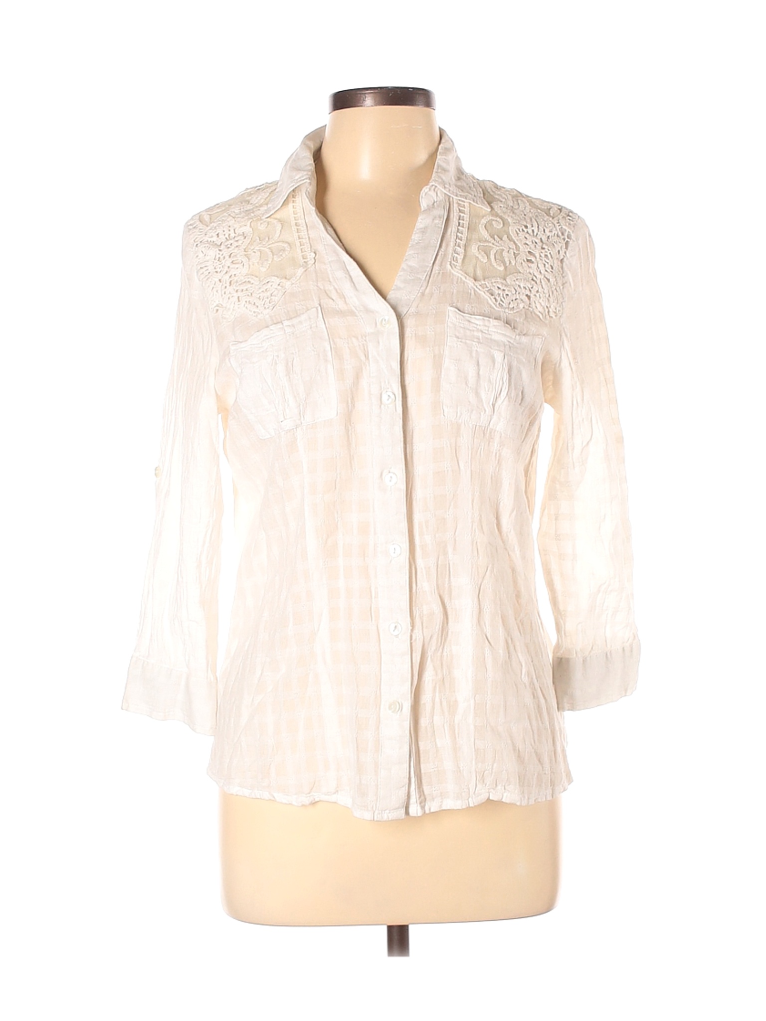 Eden & Olivia Women Ivory 3/4 Sleeve Button-Down Shirt L Petites | eBay