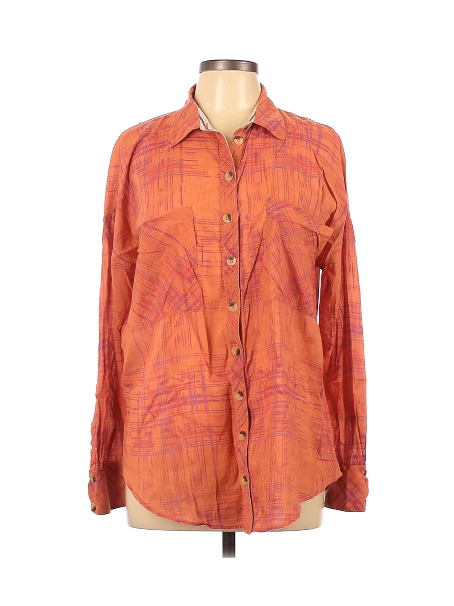 Free People Women Orange Long Sleeve Button-Down Shirt L | eBay