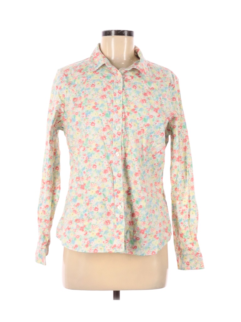 L.L.Bean 100% Cotton Floral Yellow Long Sleeve Button-Down Shirt Size M ...