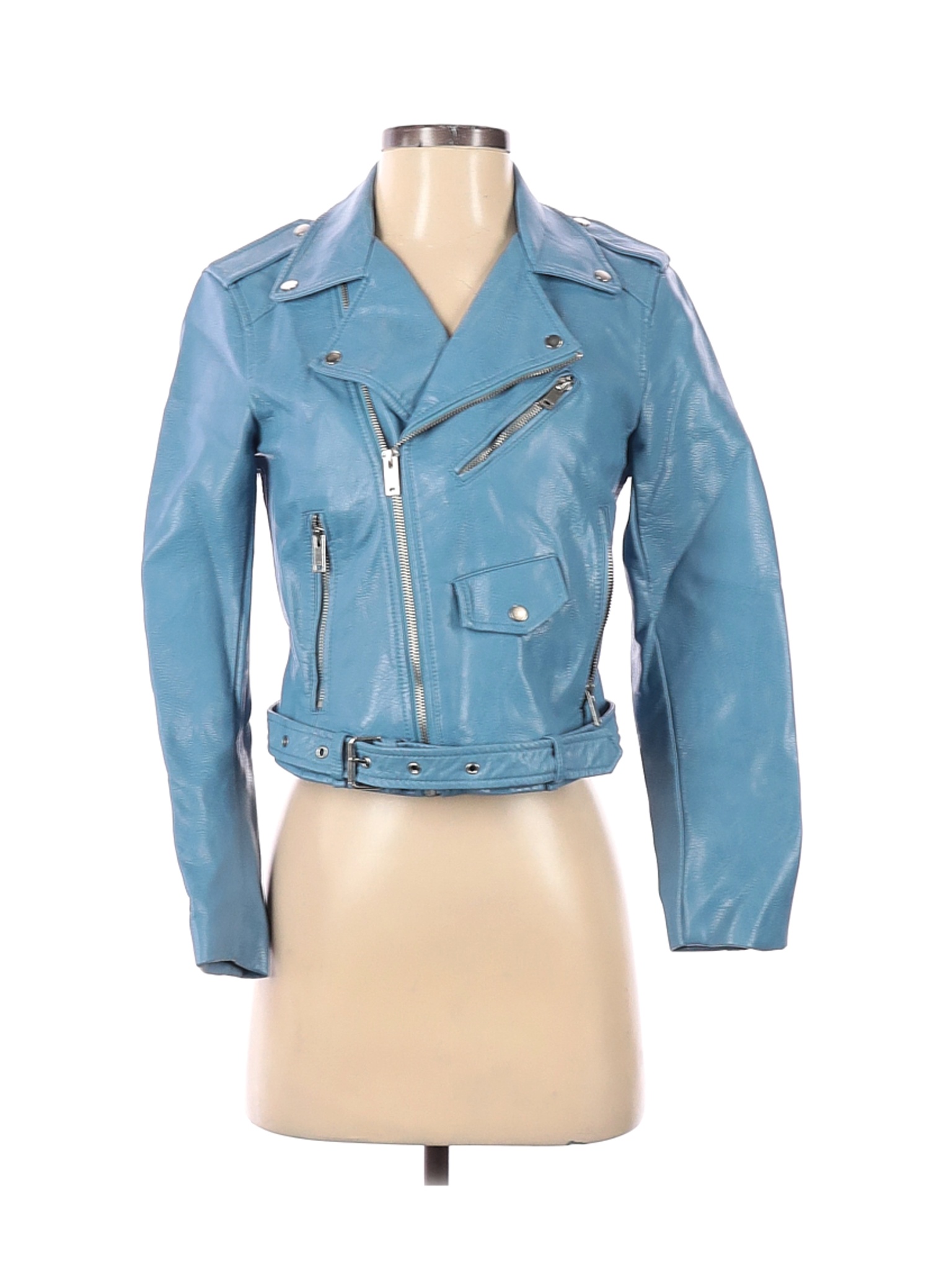 light blue leather jacket zara