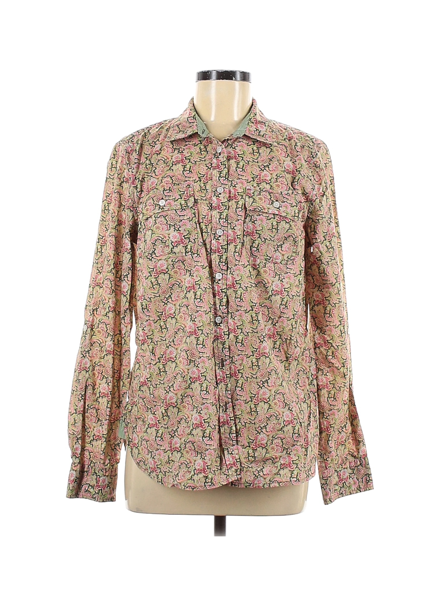 Talbots Outlet 100% Cotton Floral Green Long Sleeve Button-Down Shirt ...